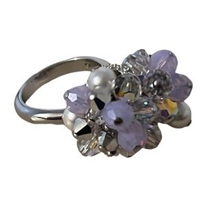 Swarovski Silver Plated Pink & Iridescent Crystals, Pearl Bow Cluster Ring